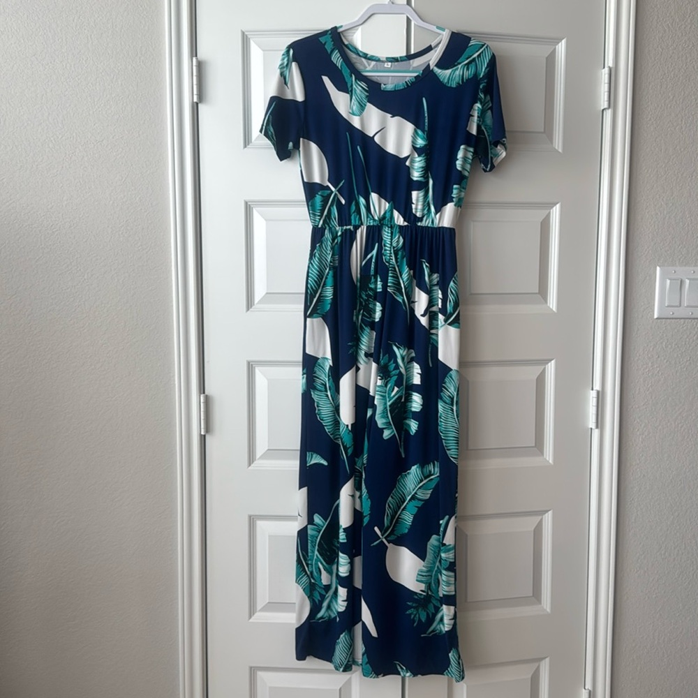 Long blue and green tropical dress